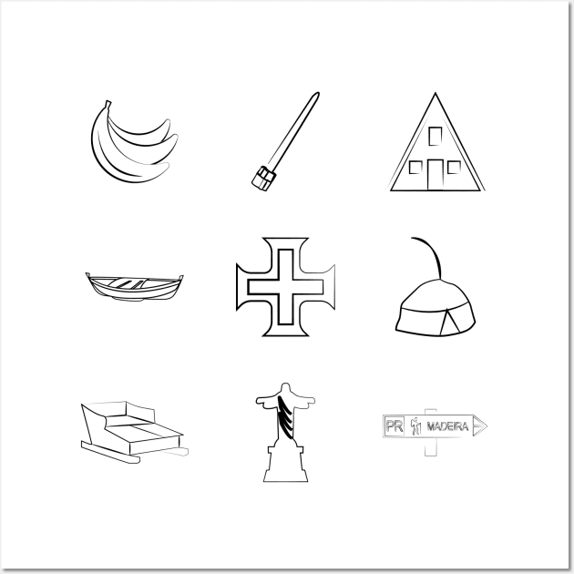 Madeira Island icons: Bananas, Poncha, Santana House, Fishing Boat, Cross, Folklore Hat, Toboggan Ride, Christ the Redeemer and Recommended Walking Route sign (PR) in black & white Wall Art by Donaby